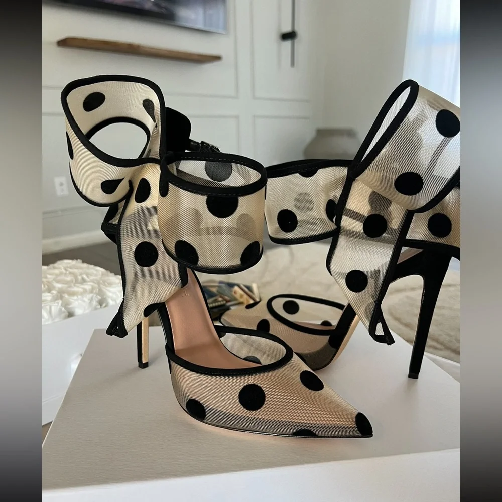 Aminah Abdul Jillil Bow Pump Black Polka Dot Mesh Suede - Picture 1 of 13